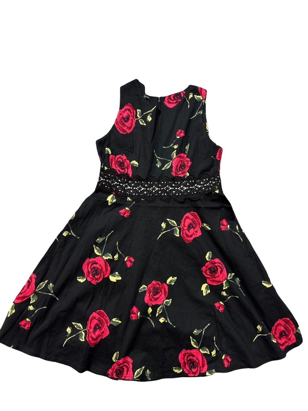 Black Floral Rose Lace-Waist Women's Dress - Pink Rose Print
